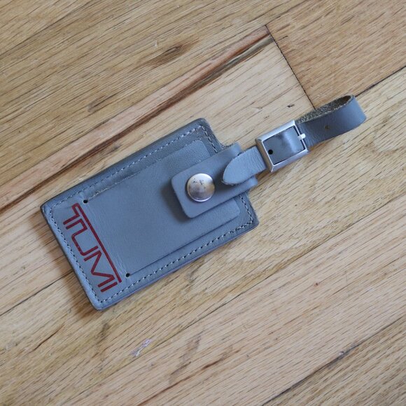 TUMI Midnight Gray Leather Luggage Tag Suitcase Travel Bag Marker Logo 4” x 2.5”